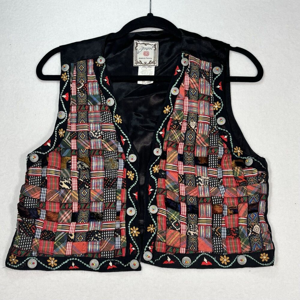 Jou Jou Vintage 90s Basket Weave Vest Mixed Media Patchwork Embroidery